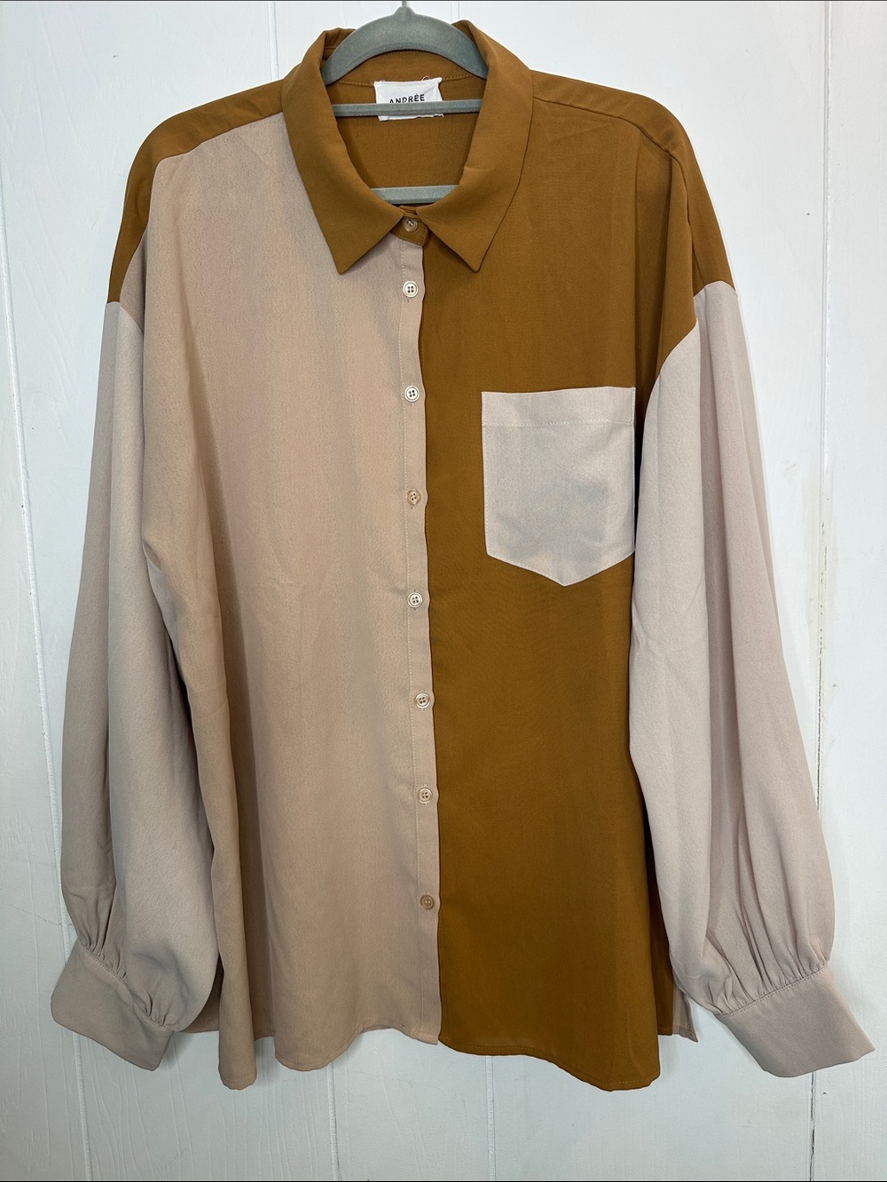 Andree Colorblock Button-Down Shirt in Brown and Beige - Picture 1 of 10